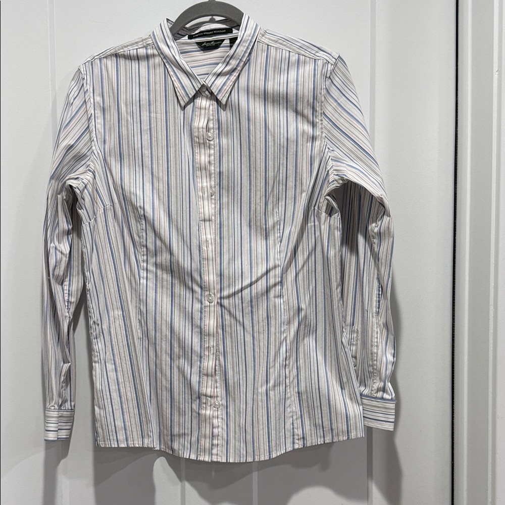 Eddie Bauer White Button-Down Shirt with Blue & Gray Stripes